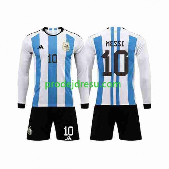 Argentina Dresy Fotbal 3 Stars Lionel Messi 10 Dětský Domácí World Cup 2022 Dlouhý rukáv