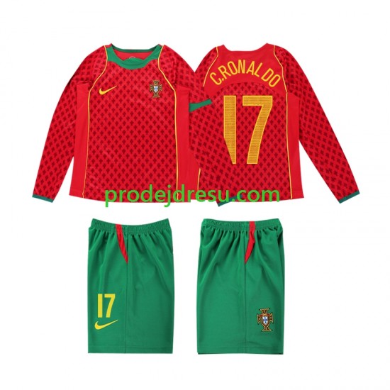 Portugalsko Dresy Fotbal Cristiano Ronaldo 17 Retro Dětský Domácí 2004 Dlouhý rukáv