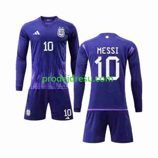 Argentina Dresy Fotbal 3 Stars Lionel Messi 10 Dětský Venkovní World Cup 2022 Dlouhý rukáv