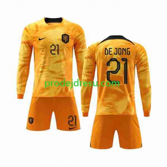 Nizozemsko Dresy Fotbal De Jong 21 Dětský Domácí World Cup 2022 Dlouhý rukáv