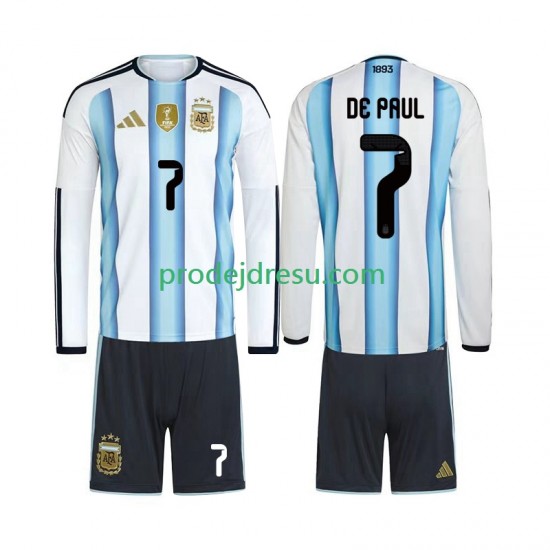 Argentina Dresy Fotbal Rodrigo De Paul 7 Dětský Domácí World Cup 2026 Dlouhý rukáv