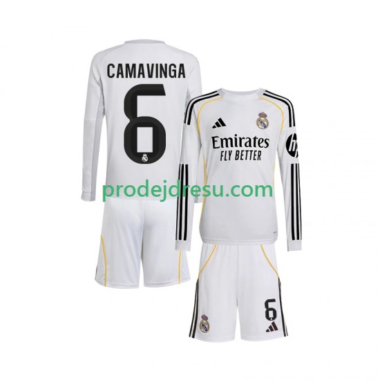 Real Madrid Dresy Fotbal Camavinga 6 Dětský Domácí 2025-2026 Dlouhý rukáv