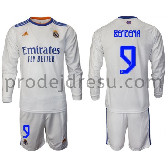 Real Madrid Dresy Fotbal Benzema 9 Dětský Domácí 2021-2022 Dlouhý Rukáv